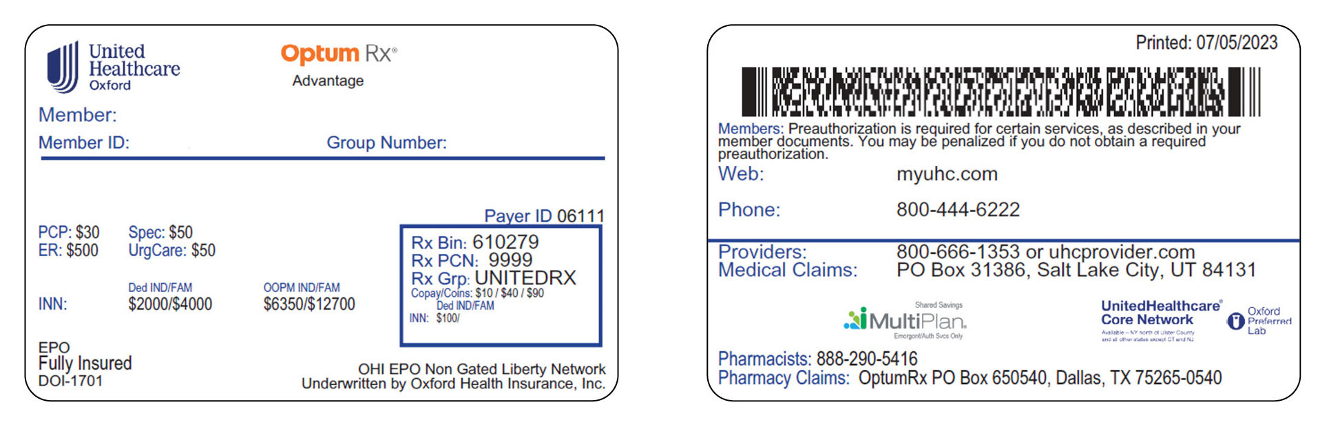 Image of front and back of a UnitedHealthcare Core Network card