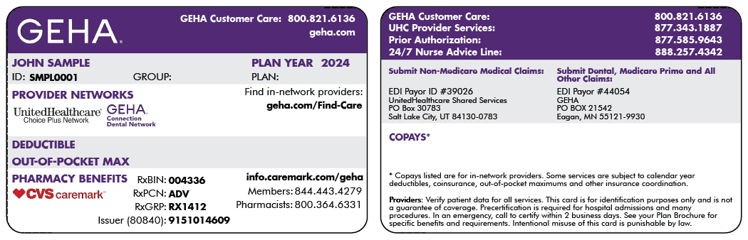 A front and back image of a sample GEHA member identification card