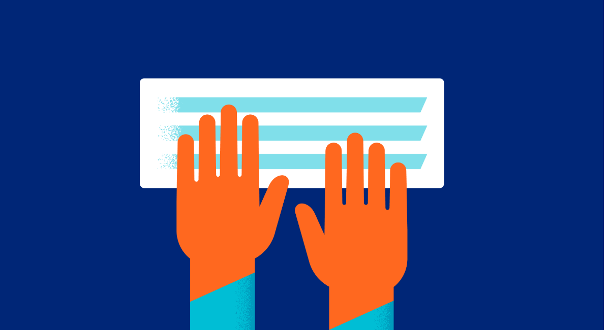 Orange hands with blue sleeves type on a white keyboard with light blue lines, set against a dark blue background.