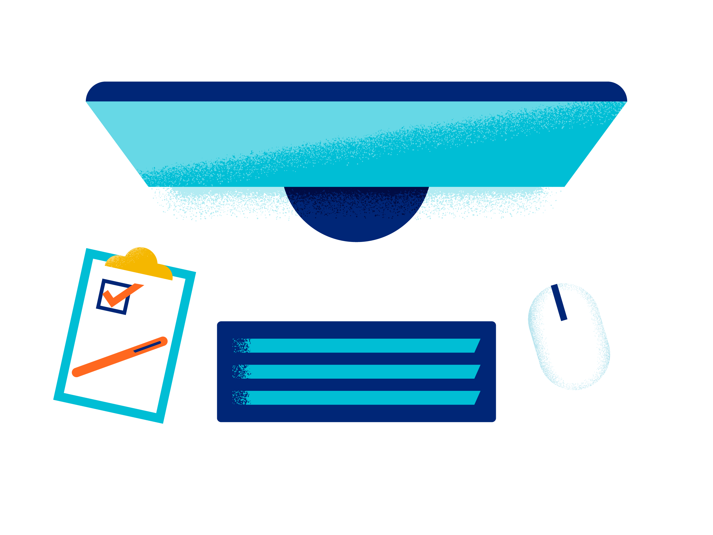 Monitor, keyboard, mouse, and clipboard with a checklist and orange pen—one item checked off in a tidy workspace layout.