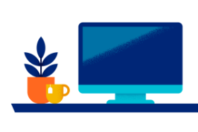 graphic illustration of desktop workspace with a monitor, plant and coffee cup